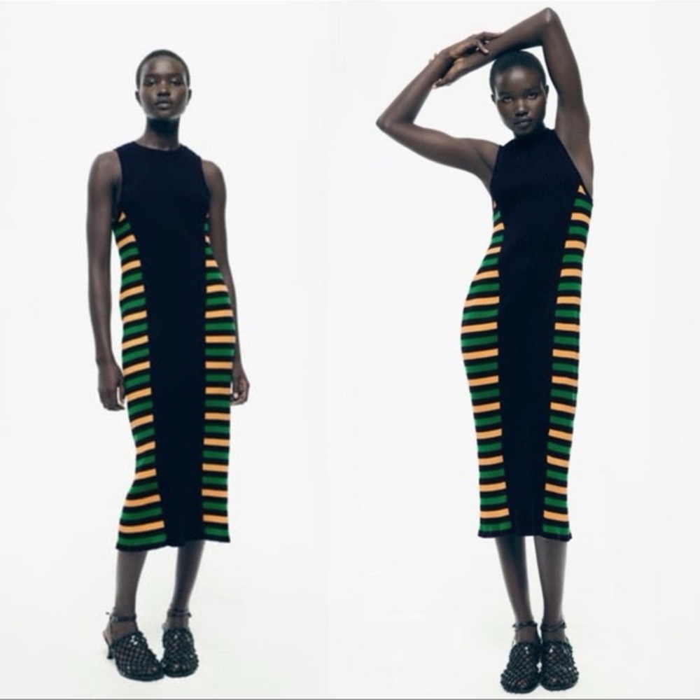 Zara Black Knit Ribbed Stretchy Bodycon Midi Dress Side Stripes Size Small S